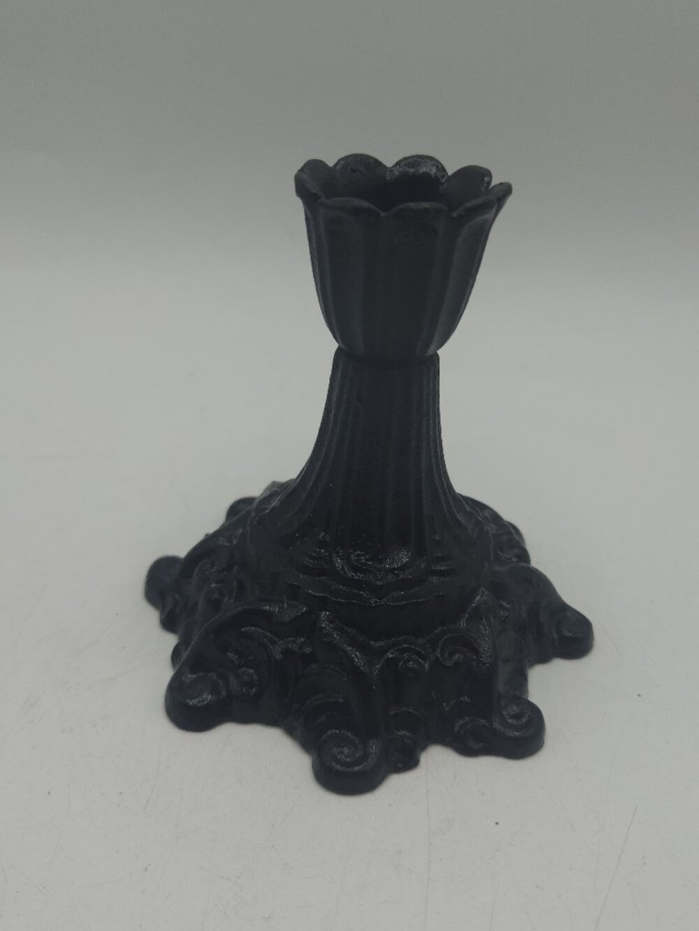 Antique Cast Iron Tapered Candle Holder Ornate Black 3.5” H 3.75” D